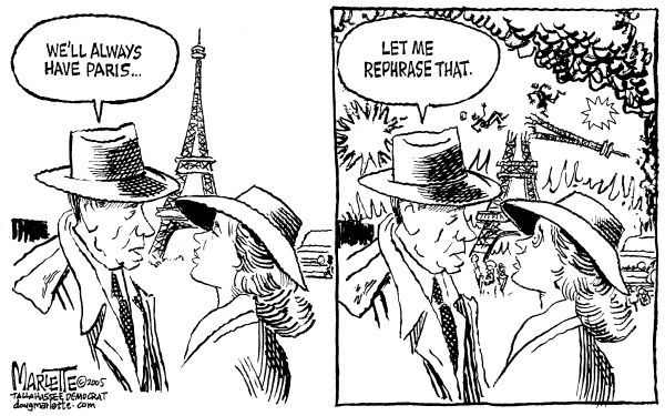 Political cartoon on French Rioting Abates by Doug Marlette, Tallahasee Democrat