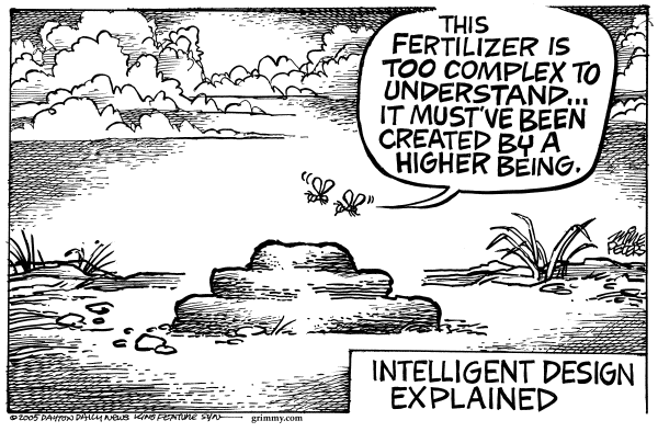 Political cartoon on Kansas Approves of Intelligent Design by Mike Peters, Dayton Daily News