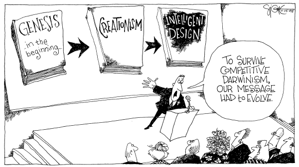 Political cartoon on Kansas Approves of Intelligent Design by Signe Wilkinson, Philadelphia Daily News