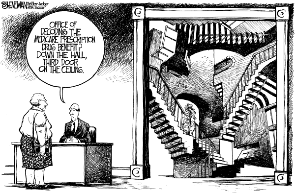 Political cartoon on New Medicare Plan Revealed by Drew Sheneman, Newark Star Ledger