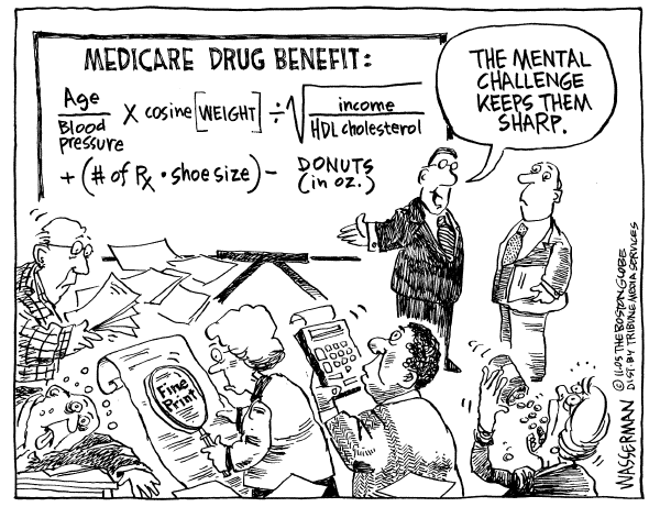 Political cartoon on New Medicare Plan Revealed by Dan Wasserman, Boston Globe