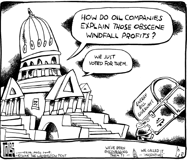 Political cartoon on Oil Company Execs Testify by Tom Toles, Washington Post
