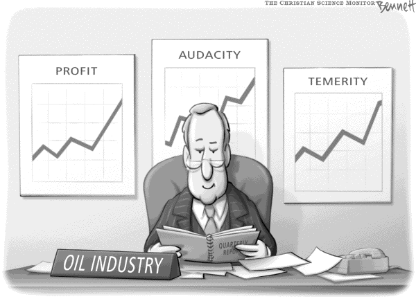 Political cartoon on Oil Company Execs Testify by Clay Bennett, Christian Science Monitor