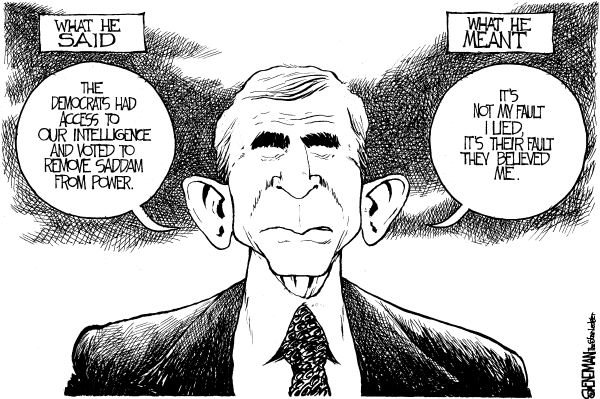 Political cartoon on Bush Under Fire for Pre-War Intelligence by Drew Sheneman, Newark Star Ledger