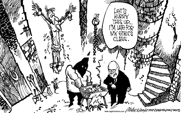 Political cartoon on Secret Prisons & Torture Deemed Necessary by Mike Keefe, Denver Post