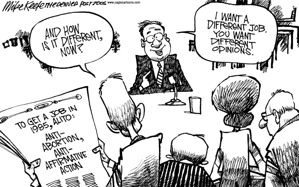 Political cartoon on Record Not Relevant, Alito Says by Mike Keefe, Denver Post