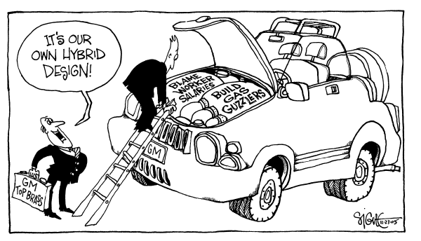 Political cartoon on General Motors Slashes Workforce by Signe Wilkinson, Philadelphia Daily News