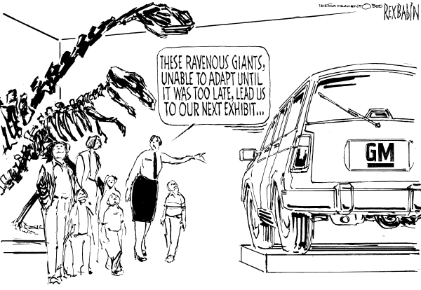 Political cartoon on General Motors Slashes Workforce by Rex Babin, Sacramento Bee