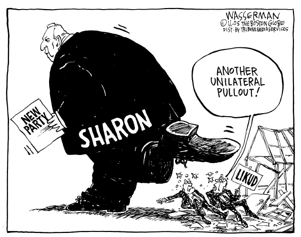 Political cartoon on Ariel Sharon Makes Bold Move by Dan Wasserman, Boston Globe