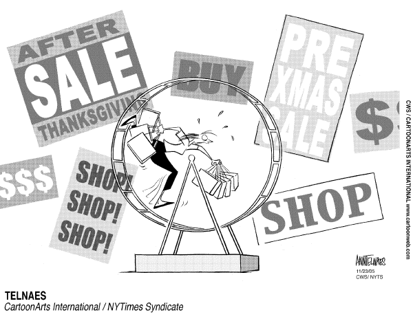 Political cartoon on Shopping Season Kicks Into Gear by Ann Telnaes, Tribune Media Services