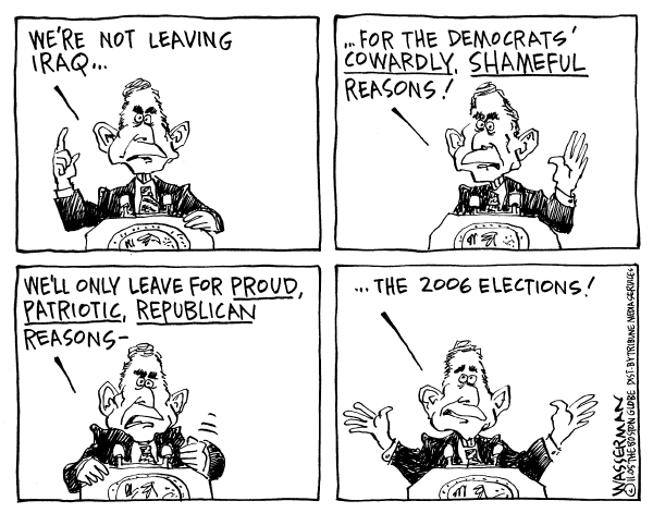 Political cartoon on Victory the Only Option, Bush Says by Dan Wasserman, Boston Globe