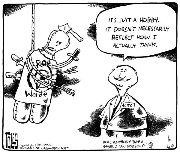 Political cartoon on Alito's Views Coming Into Focus by Tom Toles, Washington Post