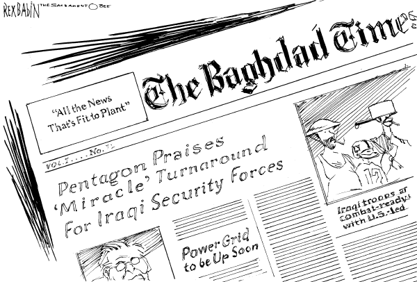 Political cartoon on US Manipulates Iraqi Media by Rex Babin, Sacramento Bee