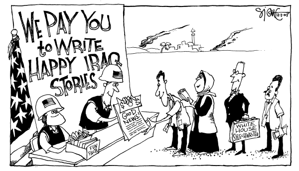Political cartoon on US Manipulates Iraqi Media by Signe Wilkinson, Philadelphia Daily News