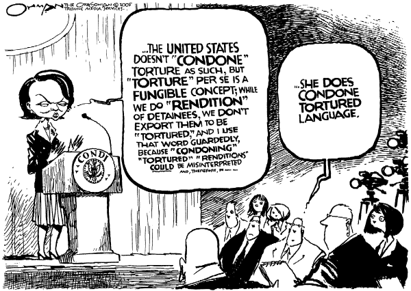 Political cartoon on Rice Explains Torture Policies by Jack Ohman, The Oregonian