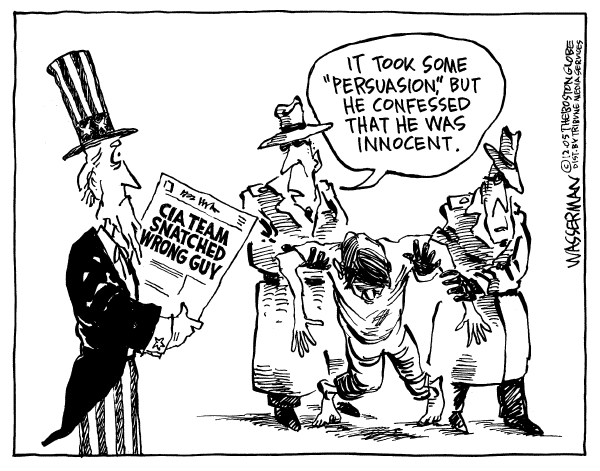 Political cartoon on Rice Explains Torture Policies by Dan Wasserman, Boston Globe