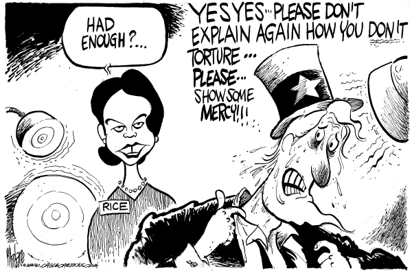 Political cartoon on Rice Explains Torture Policies by Mike Lane, Cagle Cartoons