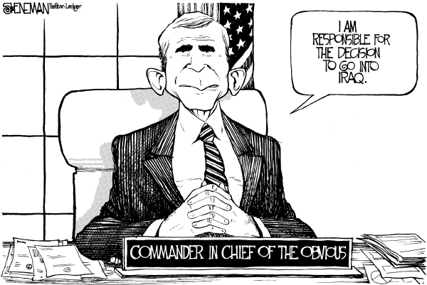 Political cartoon on President's Speeches Justify Iraq War by Drew Sheneman, Newark Star Ledger