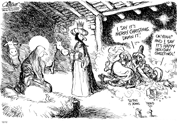 Political cartoon on Holiday Season Bolsters US Spirits by Pat Oliphant, Universal Press Syndicate