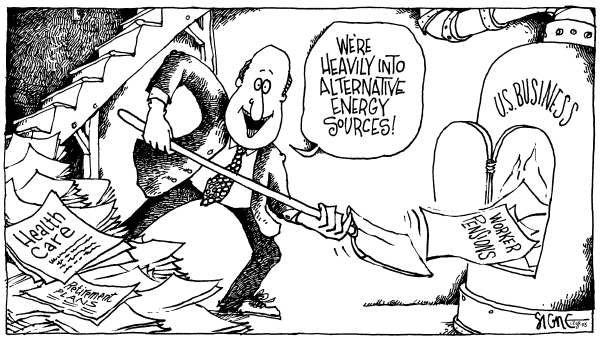 Political cartoon on Sacrifices Boost Economy by Signe Wilkinson, Philadelphia Daily News