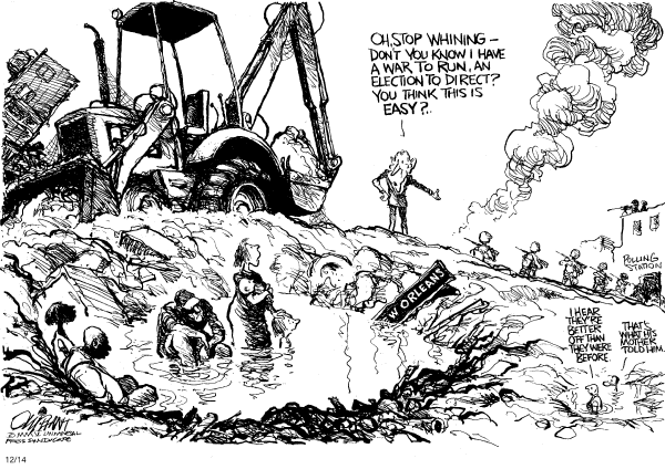 Political cartoon on Hurricane Victims Making Progress by Pat Oliphant, Universal Press Syndicate