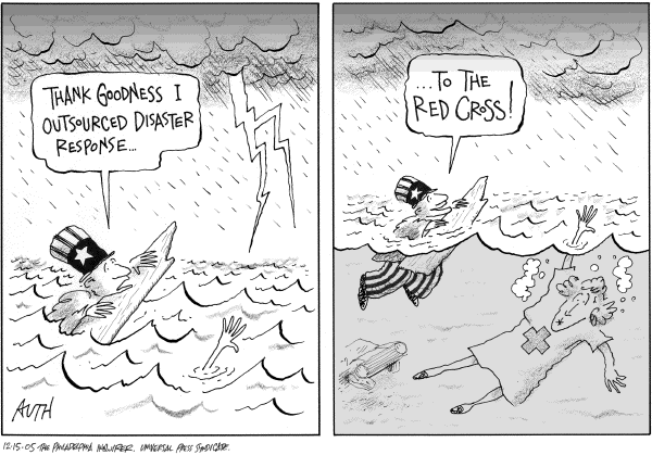 Political cartoon on Hurricane Victims Making Progress by Tony Auth, Philadelphia Inquirer
