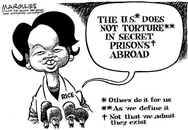Political cartoon on Rice Decries Torture by Jimmy Margulies, The Record, New Jersey