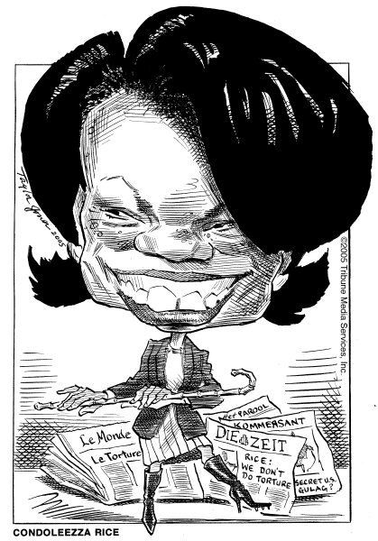 Political cartoon on Rice Decries Torture by Taylor Jones, Tribune Media Services