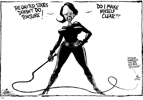 Political cartoon on Rice Decries Torture by Pat Oliphant, Universal Press Syndicate