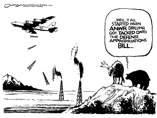 Political cartoon on Oil Reserves Under Attack by Jack Ohman, The Oregonian