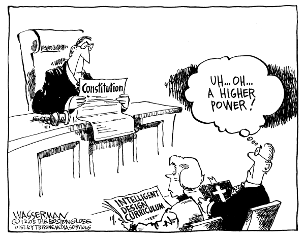Political cartoon on Court Rules Against Intelligent Design by Dan Wasserman, Boston Globe