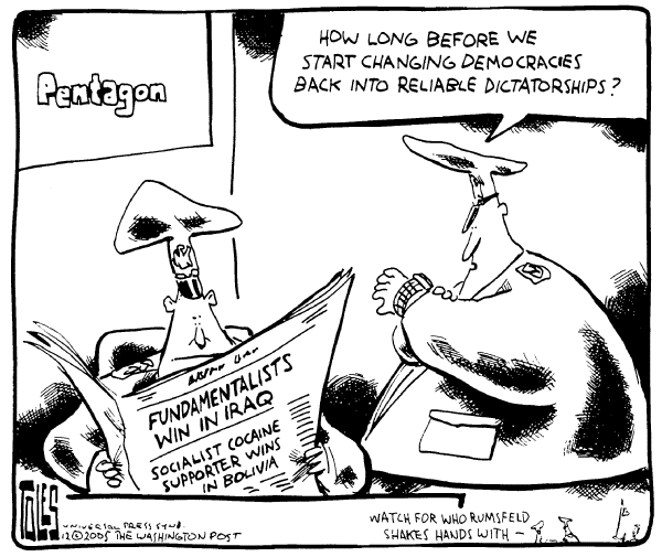 Political cartoon on Impressive Elections in Iraq by Tom Toles, Washington Post