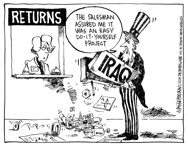Political cartoon on Still More Progress in Iraq by Dan Wasserman, Boston Globe