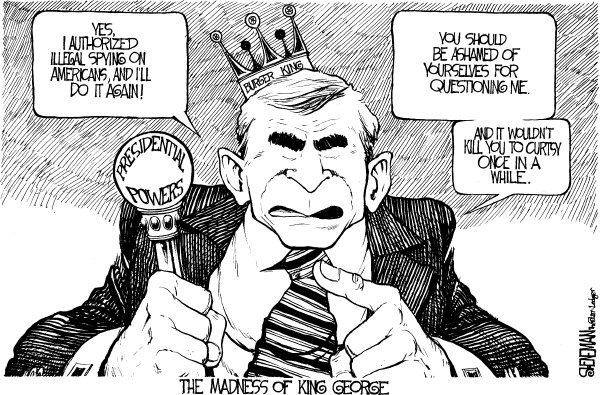 Political cartoon on War Justifies Everything, White House Says by Drew Sheneman, Newark Star Ledger