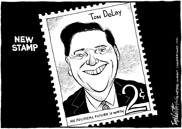 Political cartoon on Tom Delay Steps Aside by Bob Engelhart, Hartford Courant