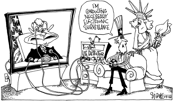 Political cartoon on Domestic Spying Vital, White House Says by Signe Wilkinson, Philadelphia Daily News