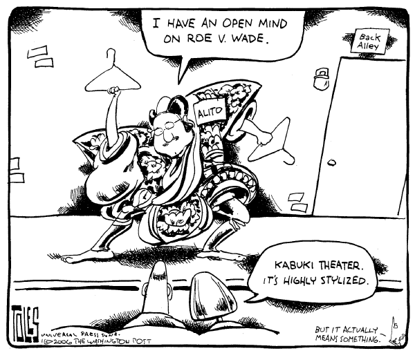 Political cartoon on Alito Says Nothing to Alarm Senators by Tom Toles, Washington Post