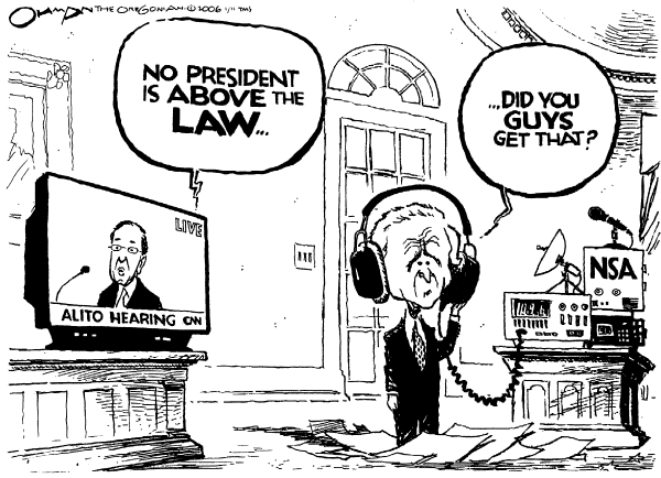 Political cartoon on Alito Says Nothing to Alarm Senators by Jack Ohman, The Oregonian