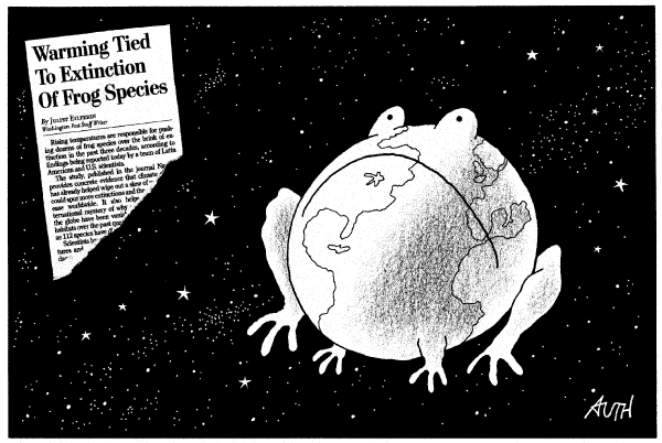 Political cartoon on Global Warming Causing Extinctions by Tony Auth, Philadelphia Inquirer