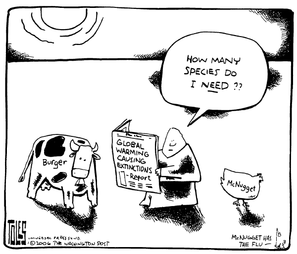Political cartoon on Global Warming Causing Extinctions by Tom Toles, Washington Post