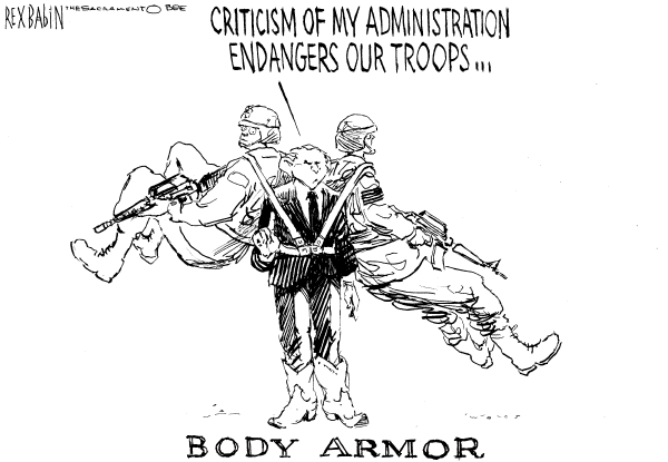 Political cartoon on Americans Adapting to War by Rex Babin, Sacramento Bee