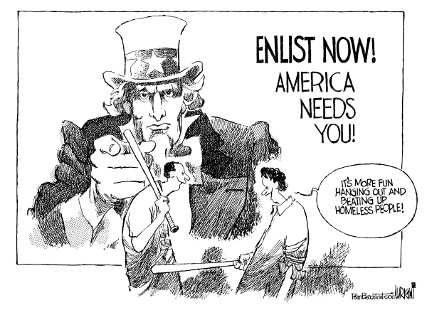 Political cartoon on Americans Adapting to War by Don Wright, Palm Beach Post