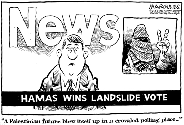 Political cartoon on Palestinians Elect Hamas by Jimmy Margulies, The Record, New Jersey