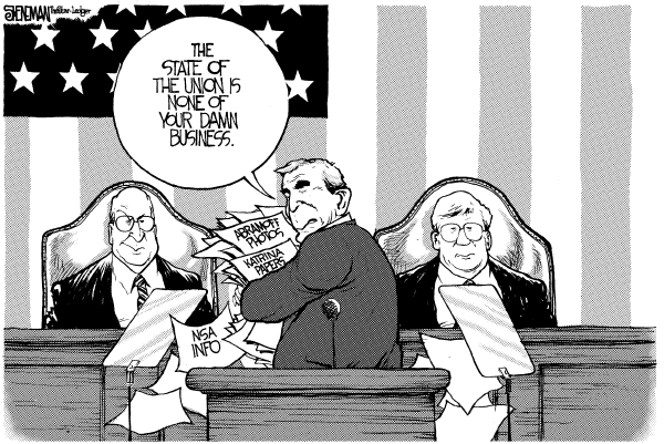 Political cartoon on President Pleased with State of the Union by Drew Sheneman, Newark Star Ledger