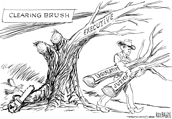 Political cartoon on War Requires Strong Presidency, President Says by Rex Babin, Sacramento Bee