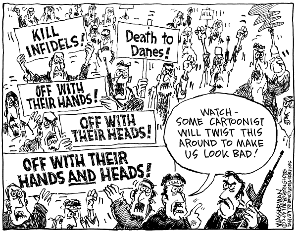 Political cartoon on Cartoons Cross the Line, Critics Say by Dan Wasserman, Boston Globe