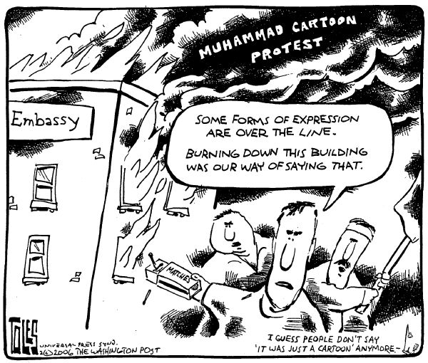 Political cartoon on Cartoons Cross the Line, Critics Say by Tom Toles, Washington Post