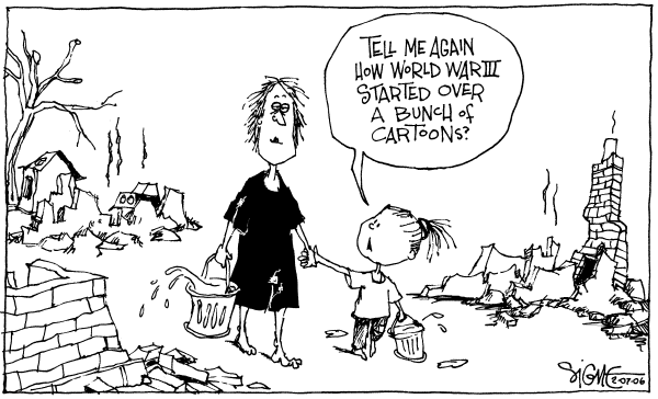 Political cartoon on Cartoons Cross the Line, Critics Say by Signe Wilkinson, Philadelphia Daily News