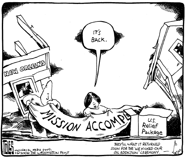 Political cartoon on Repairs Mostly Finished in The Big Easy by Tom Toles, Washington Post