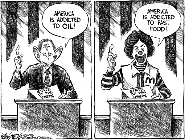 Political cartoon on US Addicted to Oil, Oilman Says by Kevin Siers, Charlotte Observer